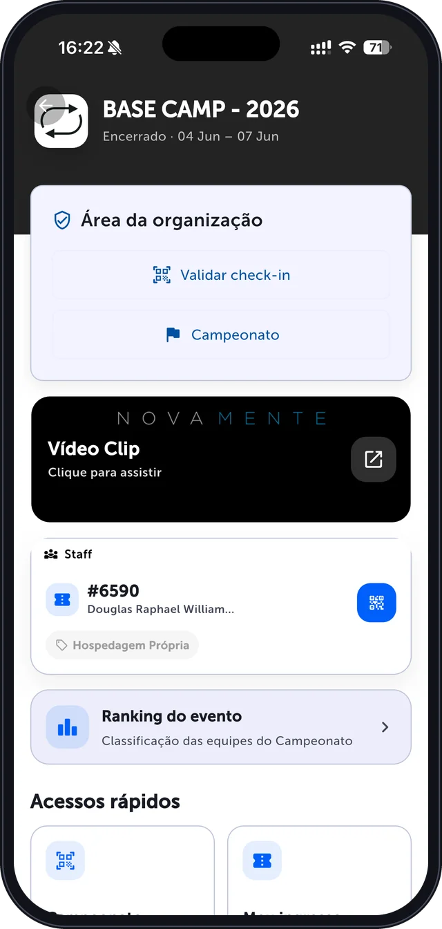Tela de um evento no MRNT, com check-in, ingresso e ranking